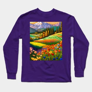 Stained Glass Colorful Mountain Meadow Long Sleeve T-Shirt